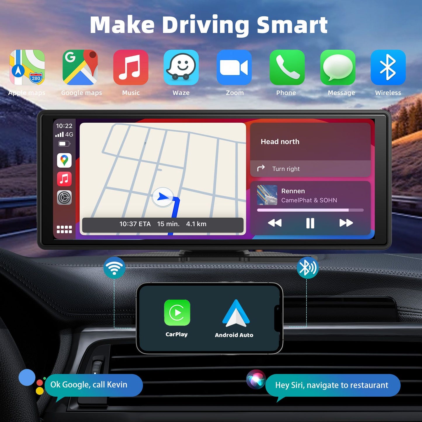 Central Multimídia Portátil Sem Fio com Carplay, Tela Sensível ao Toque HD de 10,26 polegadas para Carro com CarPlay e Android Auto com Mirror Link/Câmera de Ré