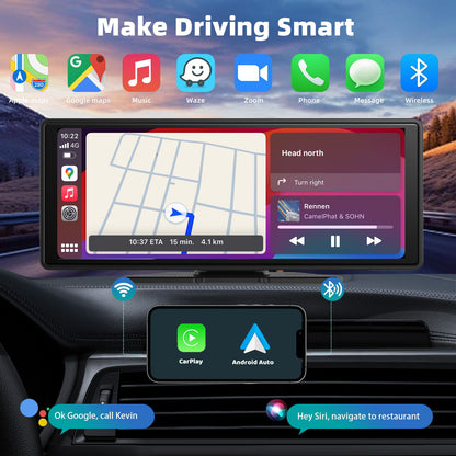Central Multimídia Portátil Sem Fio com Carplay, Tela Sensível ao Toque HD de 10,26 polegadas para Carro com CarPlay e Android Auto com Mirror Link/Câmera de Ré