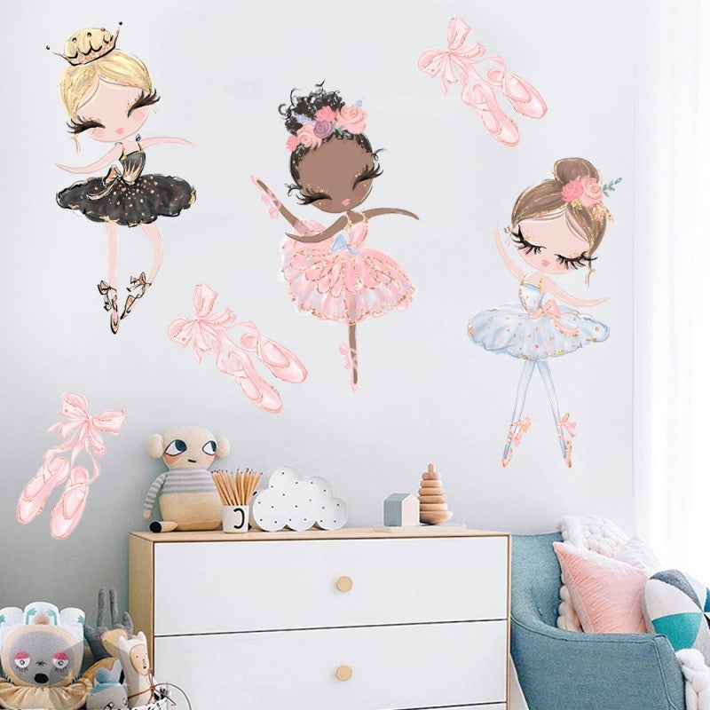 Kawaii Ballet Dace Girl Wall Art Sticker For Living Room Girls Bedroom Decoration Self-adhesive Wallpaper Baby Home Decor
