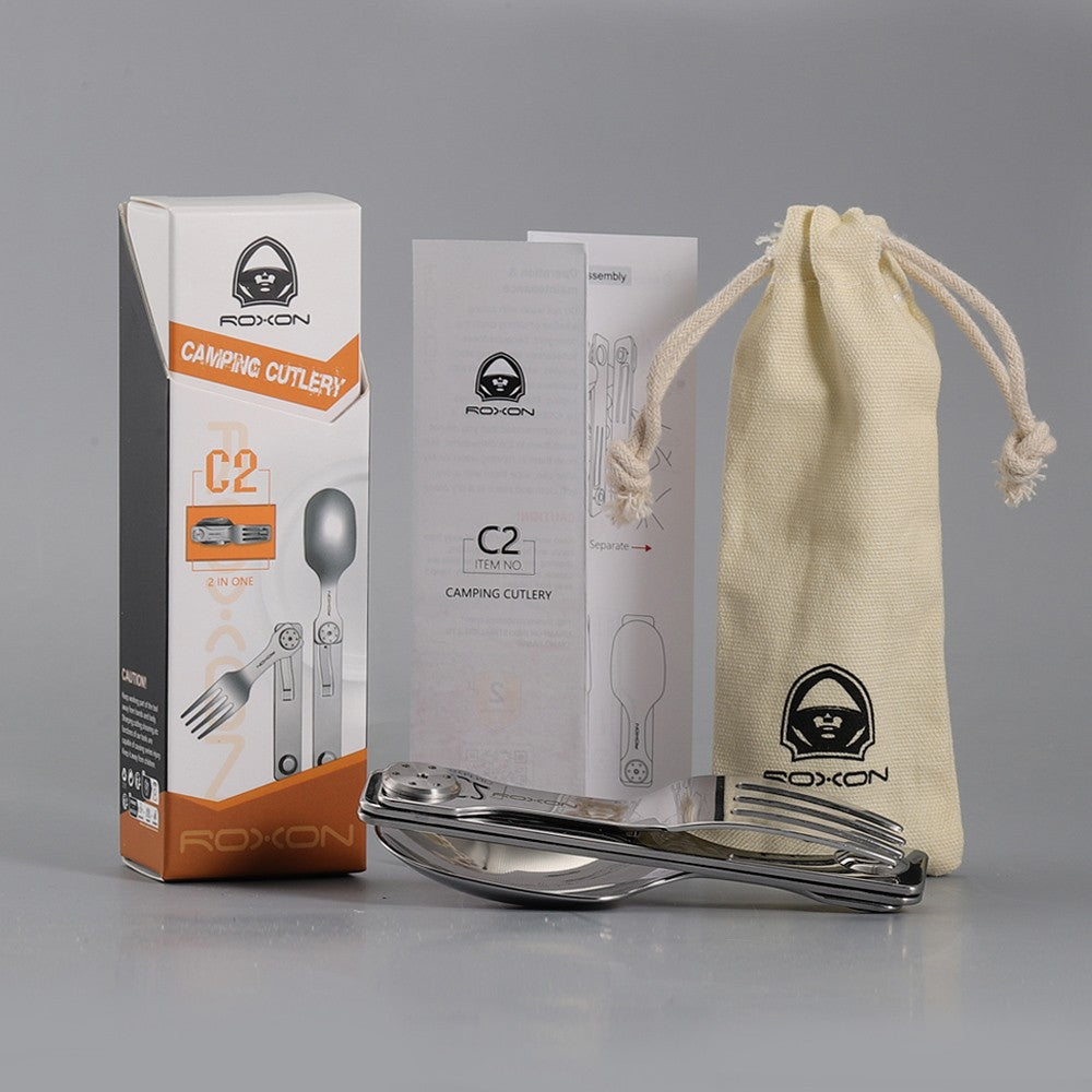 Roxon C2 Utensílio para Acampamento, Talheres Dobráveis Destacáveis 2 em 1 com Garfo e Colher para Ambientes Externos, Acampamento, Caminhada, Fácil de Transportar e Altamente