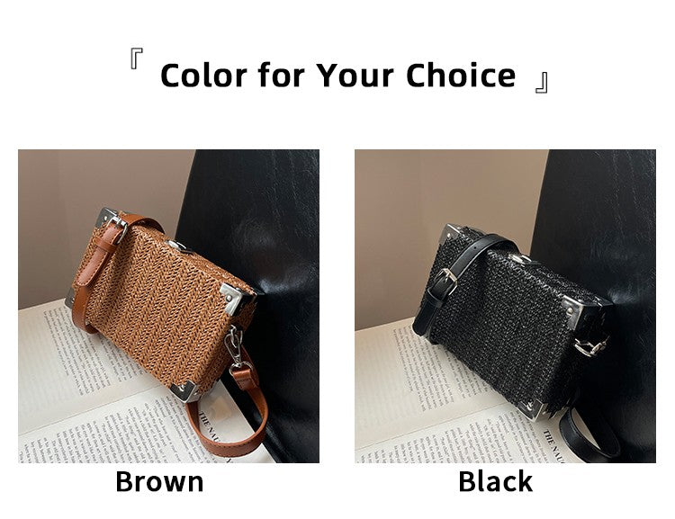 Couple's Sling Bag Straw Weaving with Corner Metal Decoration Boxy Shape Doctor Bag for Date Back to School Party Shoulder Bag