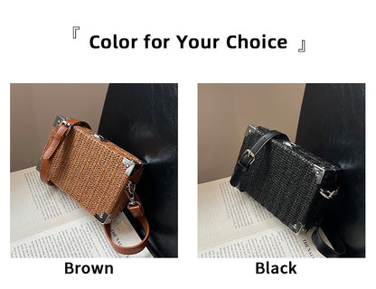 Couple's Sling Bag Straw Weaving with Corner Metal Decoration Boxy Shape Doctor Bag for Date Back to School Party Shoulder Bag
