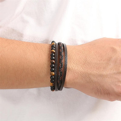 Pulseira de Couro Jiayiqi Masculina Punk Hip Hop Metal Charm Contas Olho de Tigre Pulseira Multicamadas para Homens Joia da Moda Presente