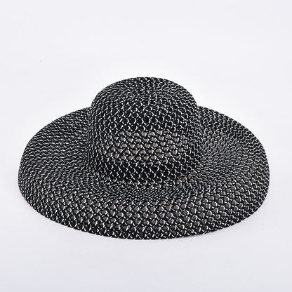 Chapéu de palha de verão PP preto e branco, chapéu de sol, protetor solar, férias, praia, abas largas, chapéu de sol de verão