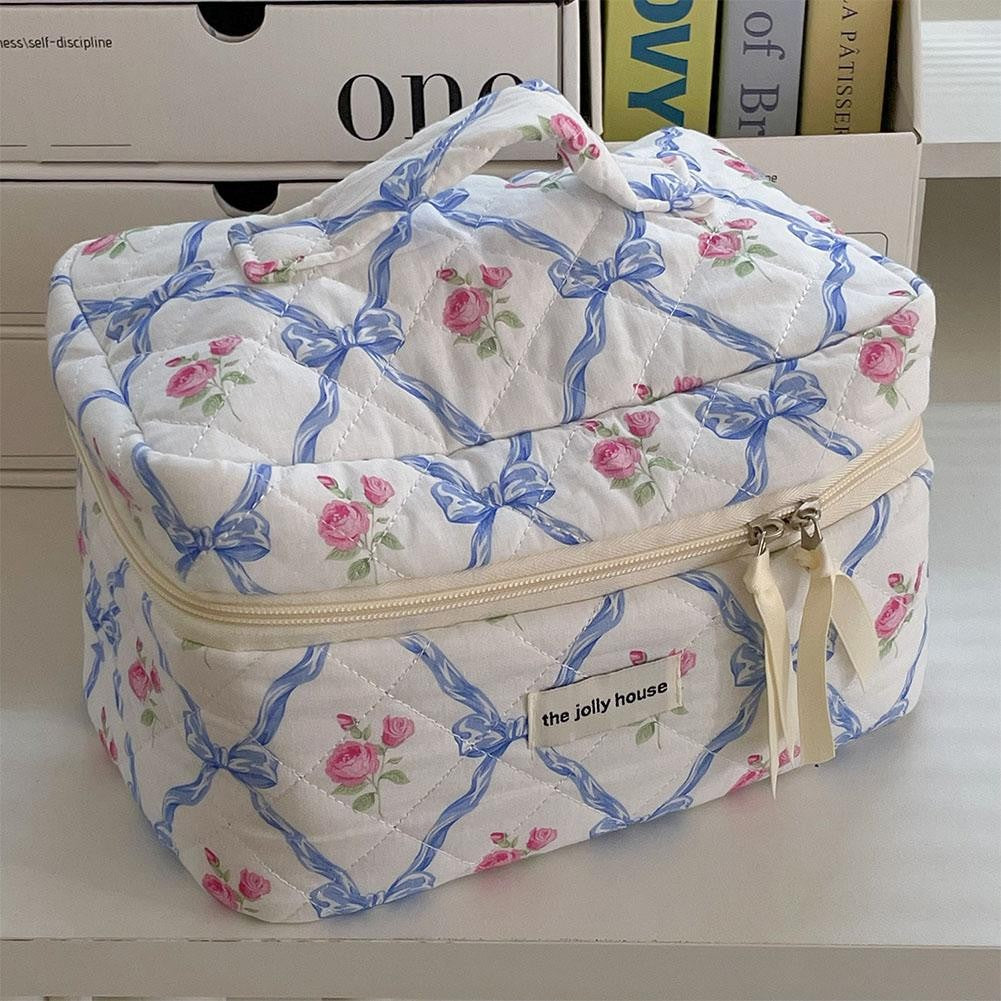 Cute Bow Flower Cloth Handbag Quilting Cotton Makeup Bag Women Zipper Cosmetic Organizer Portable Toiletry Case for Girls