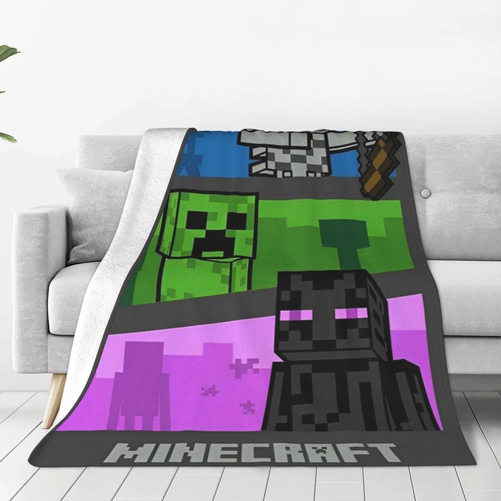 Cartoon Mines Pixel Game Crafts Flannel Blanket Super Warm Throw Blanket for Home Decor Decorative Street Trend Bedspread