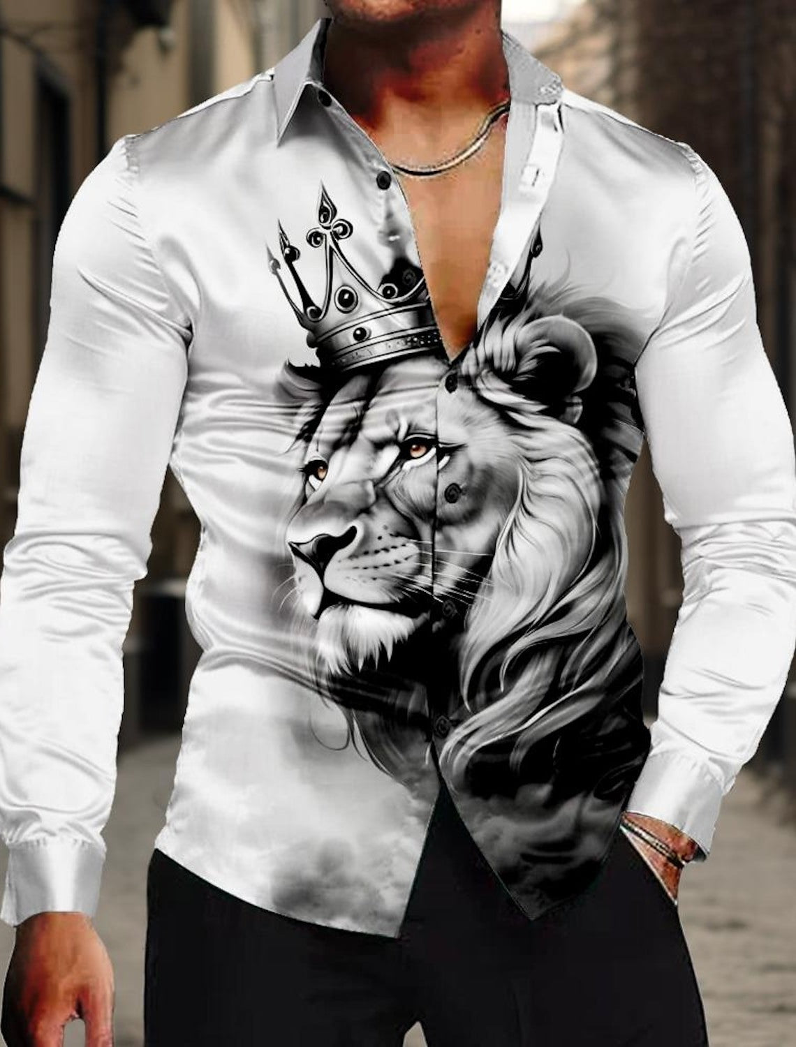 Lion King Casual Men's Shirt Satin Artificial Silk Formal Summer Spring Fall Turndown Long Sleeve 4-Way Stretch Fabric Shirt