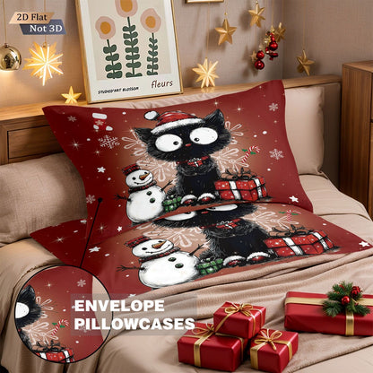 3pcs Christmas Cute Black Cat Print Choreless Bedding Set Multiple Size Bedroom Bedding Holiday Decoration Machine Washable