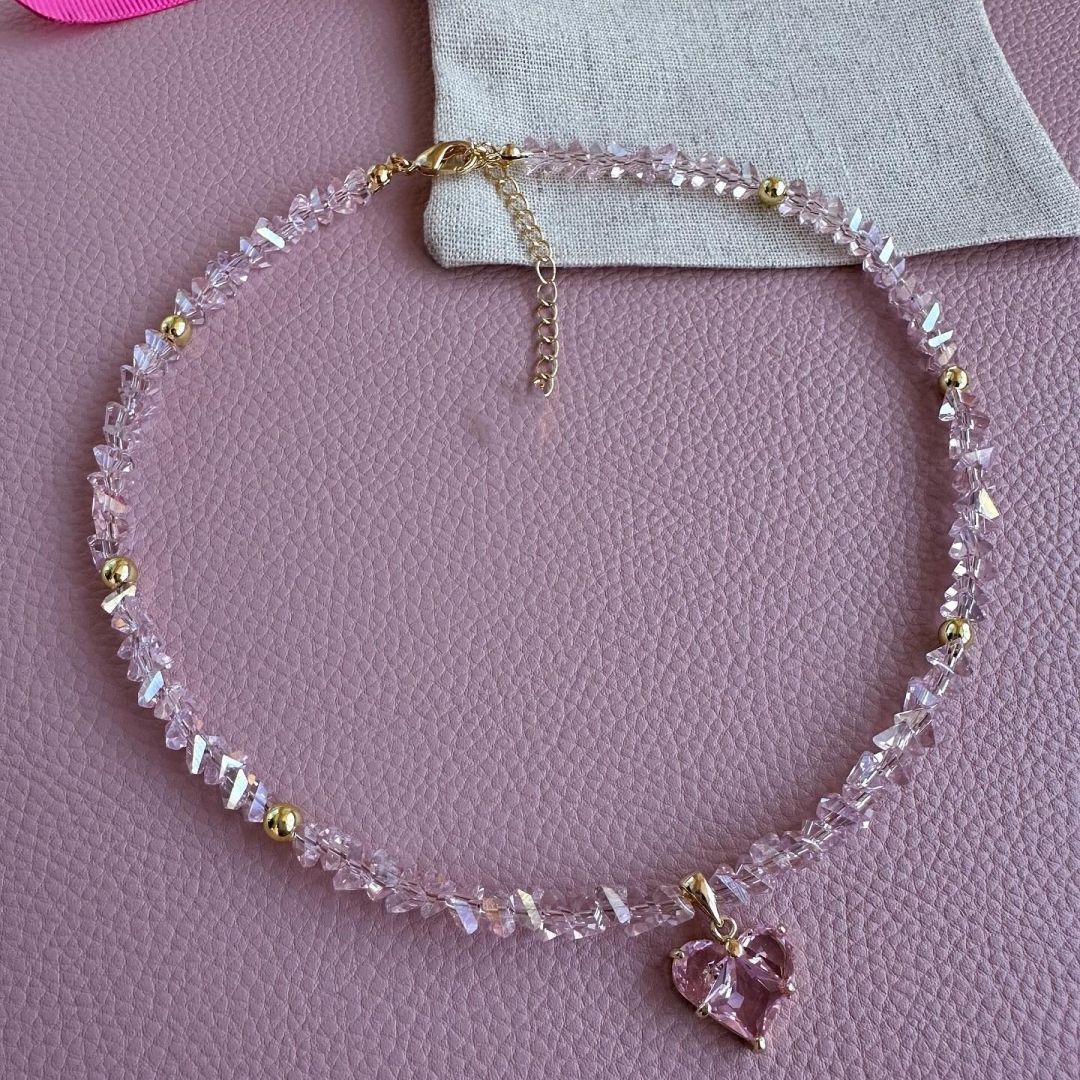 Colar Feminino Vintage de Moda Sexy com Pingente de Coração de Zircão Boho Geométrico Barroco com Corrente de Cristal Transparente