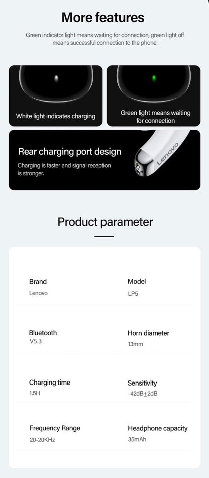 Lenovo LP5 Wireless Bluetooth Earbuds Stereo HiFi Music Earphones Headphones Sports Waterproof TWS Headset With Mic Earbuds New
