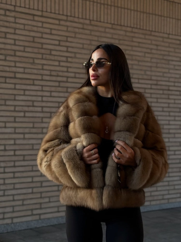 Women Patchwork Faux Fur Coat Elegant Contrast Full Sleeve Lapel Loose Long Staple Plush Jacket Winter High Street Outerwears