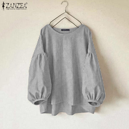 ZANZEA Fashion Striped Work OL Blouse Women Casual O Neck Long Sleeve Loose Shirt Stylish Blusas Vintage Chemise Autumn Tops