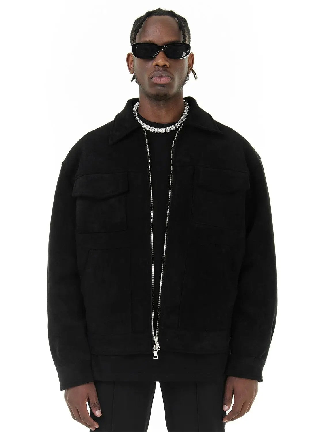 Vintage High Street Suede Material Crock Jacket With Zipper Lapel Casual Short Jacket For Men