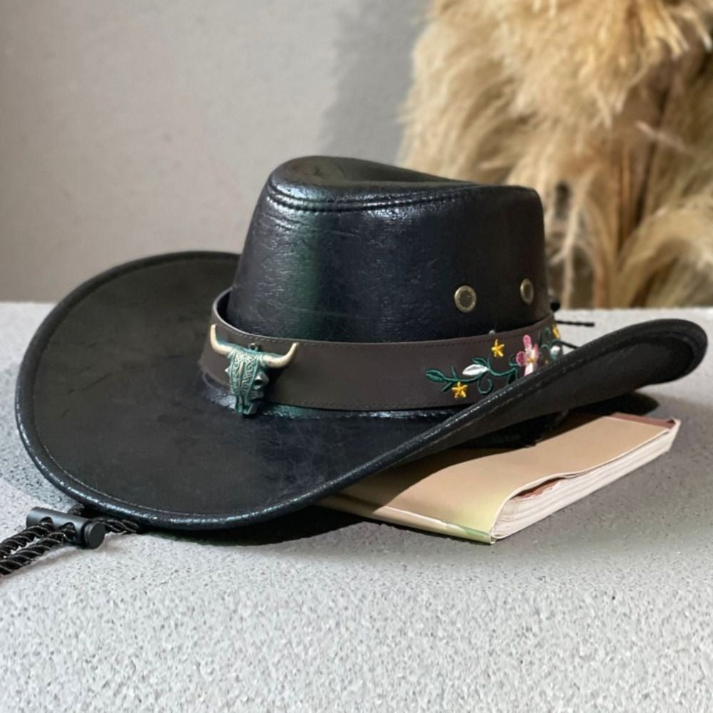Chapéu de Cowboy Ocidental de Couro PU Simples com Aba Larga e Cordão, Boné Bucket com Proteção Solar, Chapéu para Viagem ao Ar Livre, Chapéu de Caminhada, Chapéu de Pescador, Chapéu de Viagem