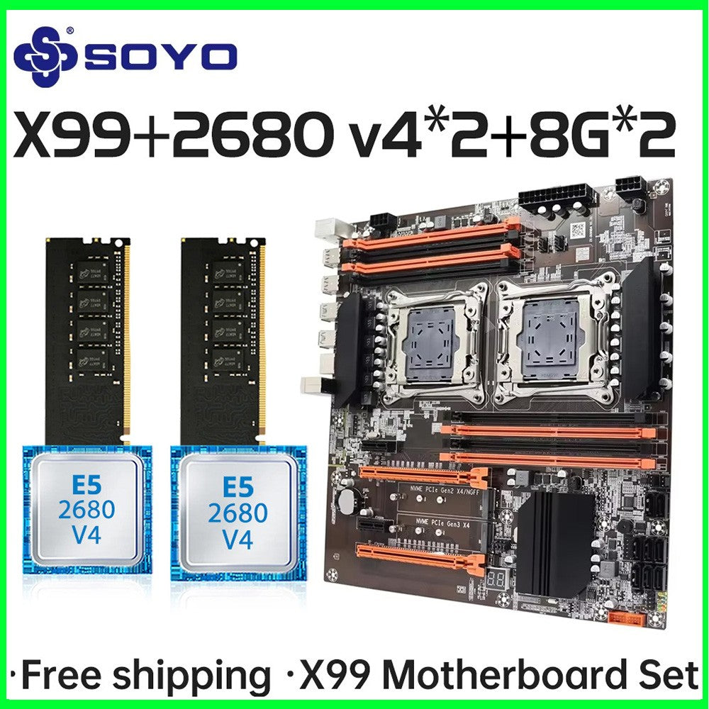 SOYO X99 Dual CPU Gaming Motherboard Kit lntel Xeon E5 2680 V4*2&DDR4 16GB (2*8GB) LGA2011-3 M.2 NVME for Desktop Computer Host