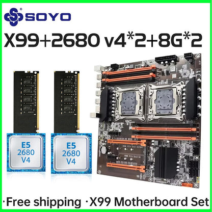 SOYO X99 Dual CPU Gaming Motherboard Kit lntel Xeon E5 2680 V4*2&DDR4 16GB (2*8GB) LGA2011-3 M.2 NVME for Desktop Computer Host