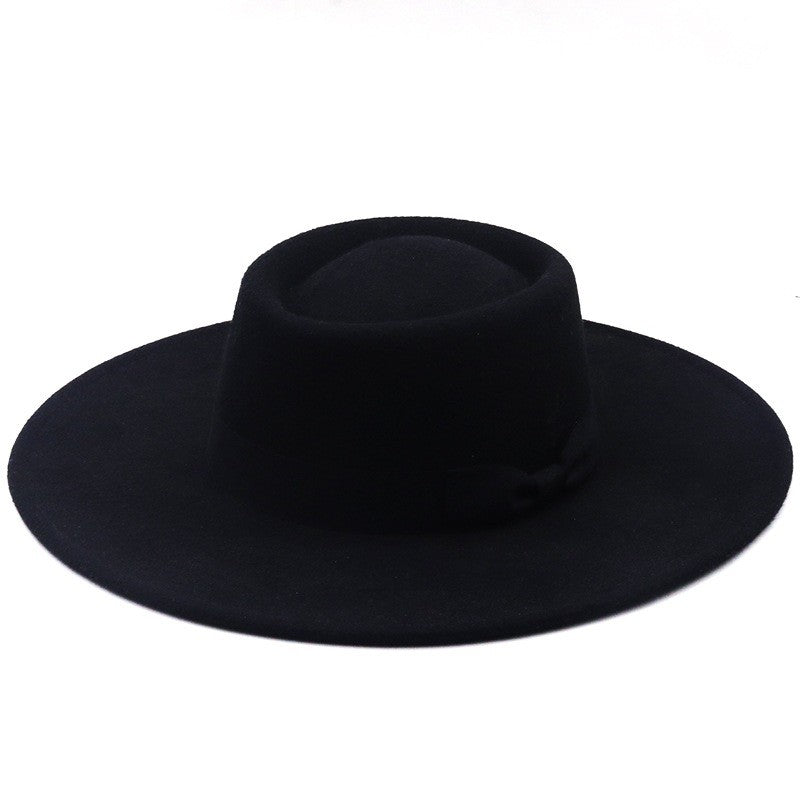 Chapéu Fedora Feminino De Lã Feltro Preto Liso Com Aba Larga De 9,5 Cm E Topo Reto, Com Laço, Vintage, Igreja, Casamento, Panamá