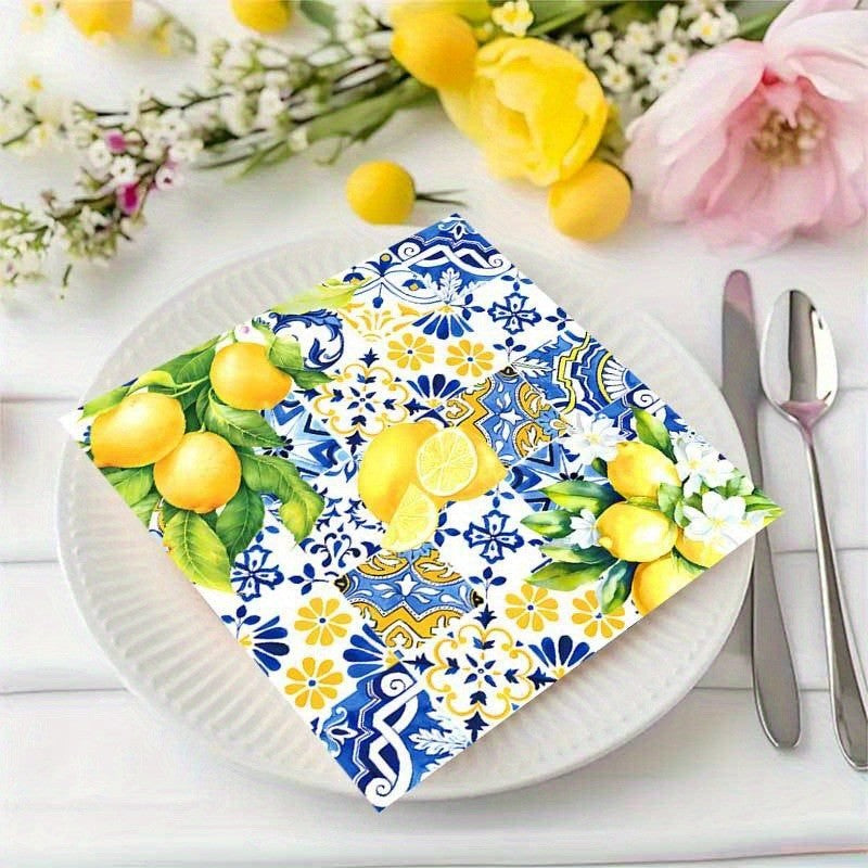 Mediterranean Lemon Blue Disposable Paper Napkins Citrus Floral Printed Table Decor Wedding Bridal Shower Garden Party Supplies