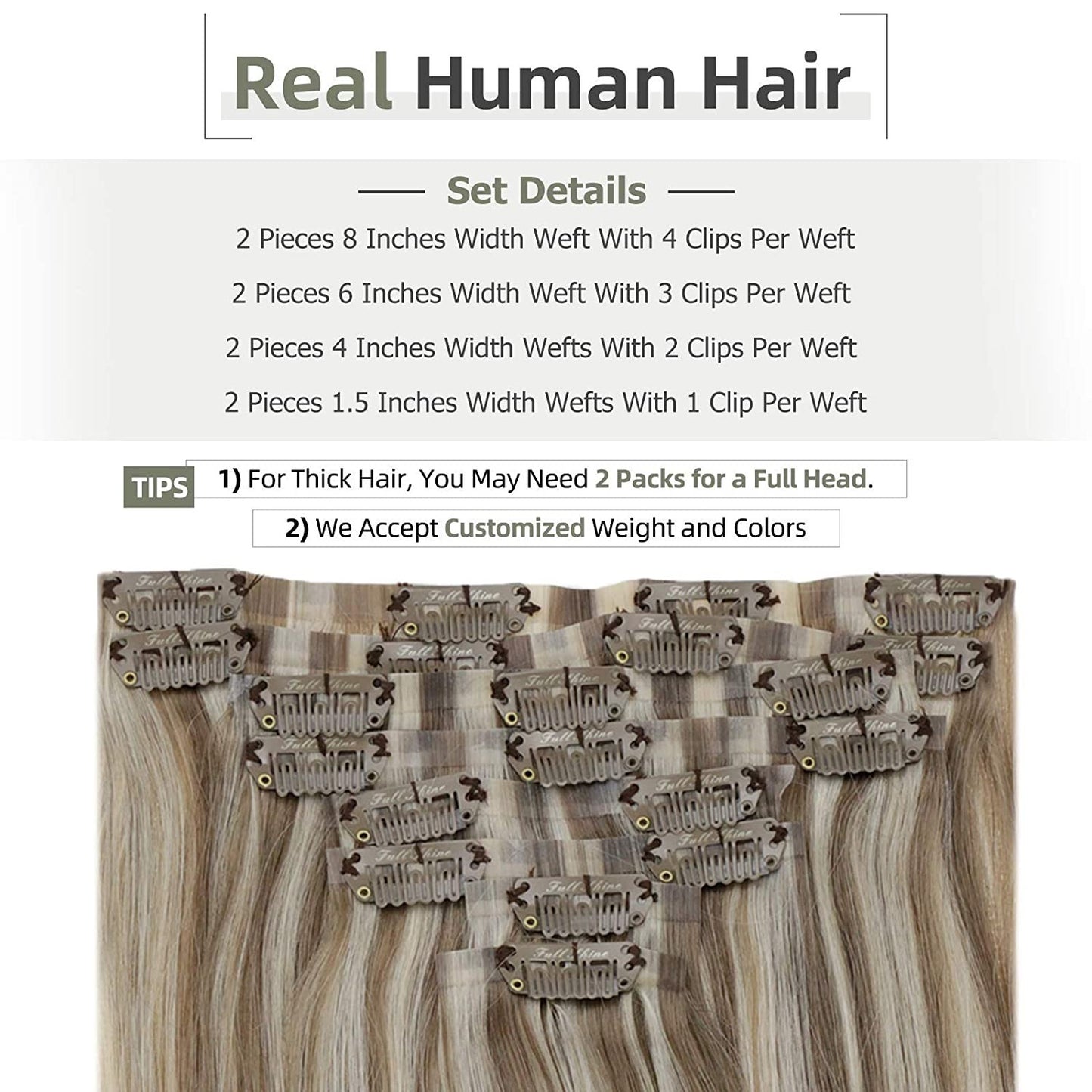 Full Shine PU Clip Hair Extensions Cabelo Humano Remy 100g Extensões Invisíveis Sem Costura de Cabelo Humano Clip-In Cor Balayage Loiro
