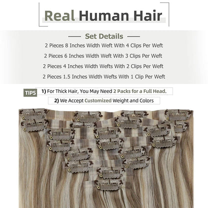 Full Shine PU Clip Hair Extensions Cabelo Humano Remy 100g Extensões Invisíveis Sem Costura de Cabelo Humano Clip-In Cor Balayage Loiro