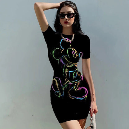 Women's Dress Casual Disney Cartoon Fashion Print Mickey 3XL Elegant Dresses for Women 2024 Top Sexy Slim Fit Minnie Mouse Tight
