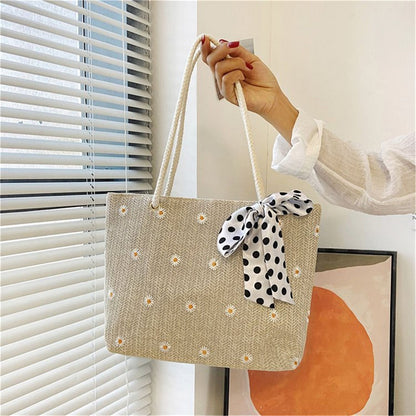 New Fashion Straw Shoulder Bags Fashion Large-Capacity Silk Scarf Tote Bag Beach Bag Women Shopping