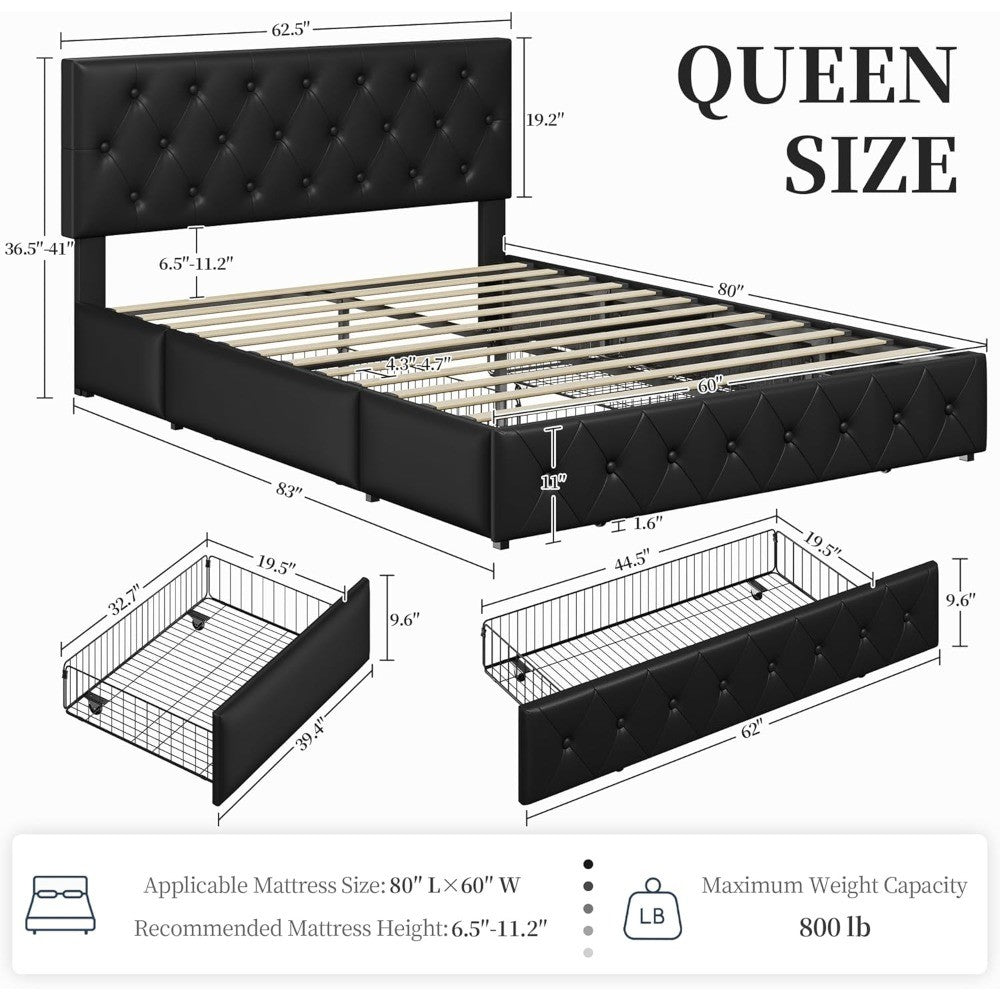 Yaheetech Queen Bed Frame Upholstered Bed Frame with Adjustable Diamond Button-Tufted Headboard/3 Drawers Storage, Queen Platfor