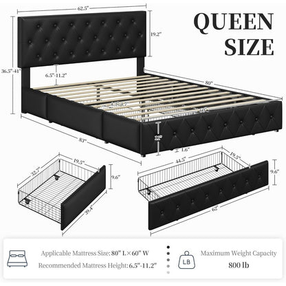 Yaheetech Queen Bed Frame Upholstered Bed Frame with Adjustable Diamond Button-Tufted Headboard/3 Drawers Storage, Queen Platfor