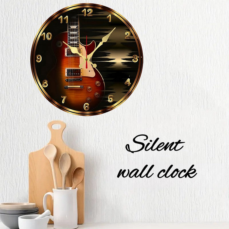 Rustic Violin Wooden Round Silent Hanging Wall Clock, Suitable For Living Room, Office, Study Room, Bedroom, Home Decoration