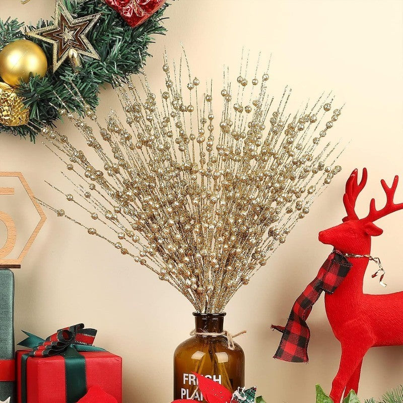 43cm Christmas Decor Foam Artificial Flowers Golden Glitter Berries Bouquet New Year Wreath Home Room Table Wedding Decoration