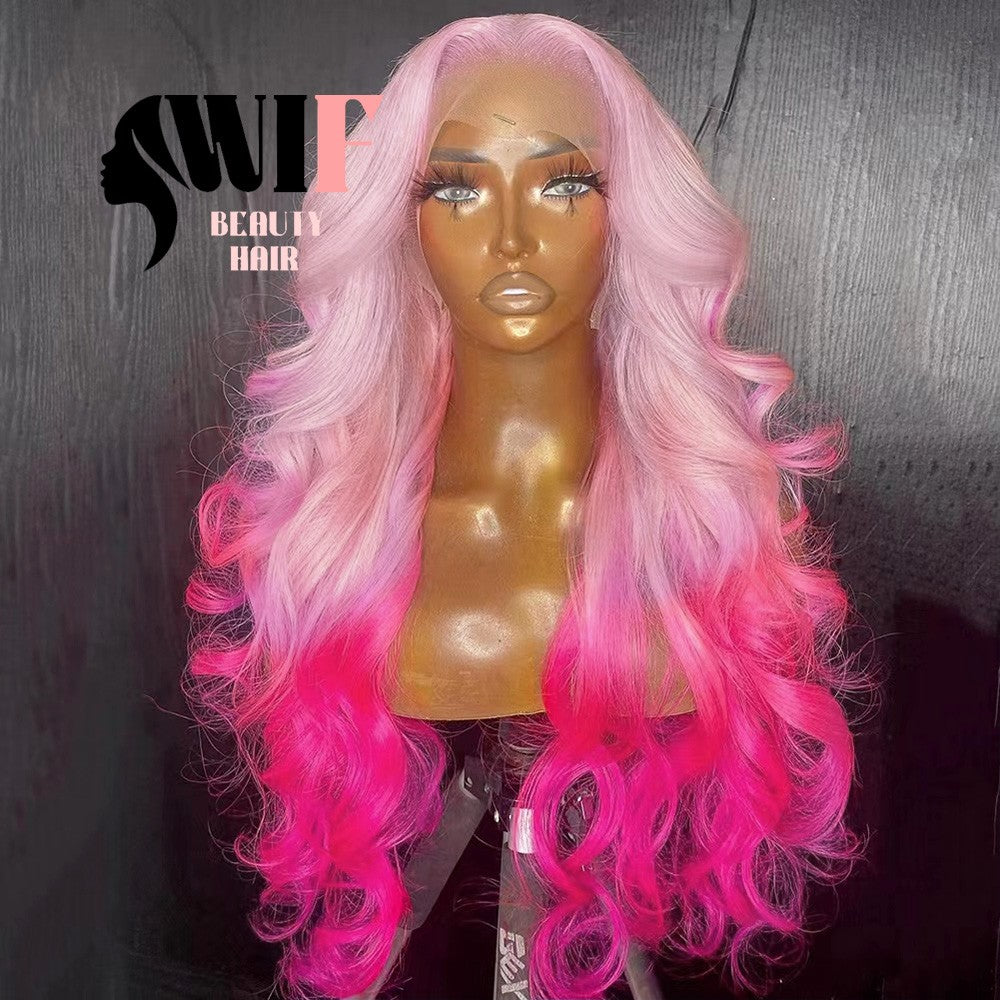 Peruca Sintética WIF Ombre Pink Wave para Mulheres, Usada em Cosplay, Ondas Corporais, Linha do Cabelo Natural, Perucas Lace Front, Raiz do Cabelo Rosa Claro
