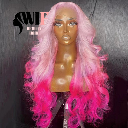 Peruca Sintética WIF Ombre Pink Wave para Mulheres, Usada em Cosplay, Ondas Corporais, Linha do Cabelo Natural, Perucas Lace Front, Raiz do Cabelo Rosa Claro
