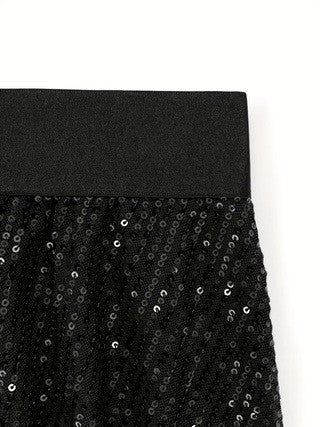 Plus Size Shiny Sequin Short A- Line Skirt High Waist Elastic Waist Conceals Belly Women's Casual Summer Polyester Midi Skirt