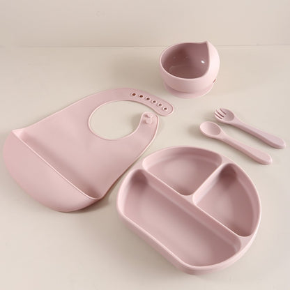 5pcs Bunny Baby Utensils Set, Food Grade Silicone Weaning Set with Bib, Suction Plate, Bowl, Spoon & Fork gift set