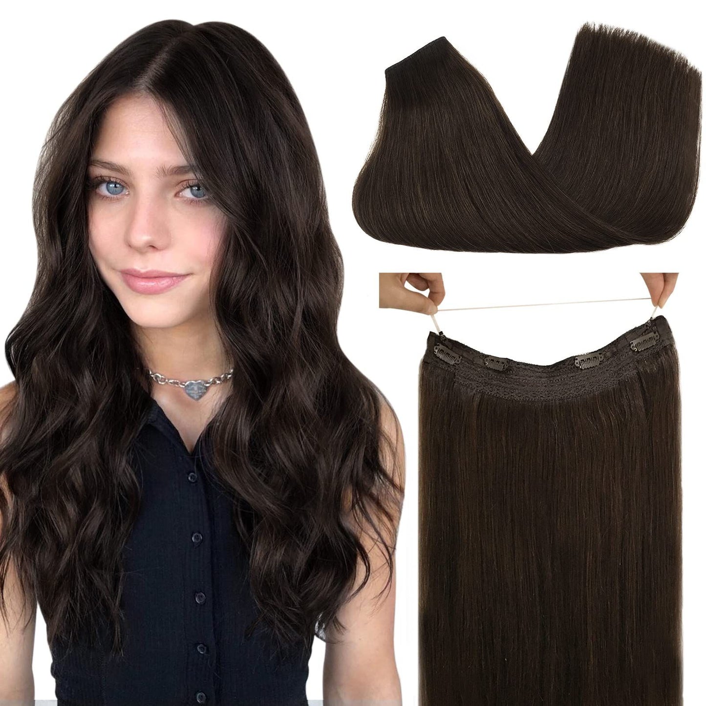 Cabelo Humano Liso de Extensão com Fio para Mega Hair, Linha de Pesca, Fusão Natural de Extensões de Cabelo com Clipes, Trama de Extensões para Mulheres