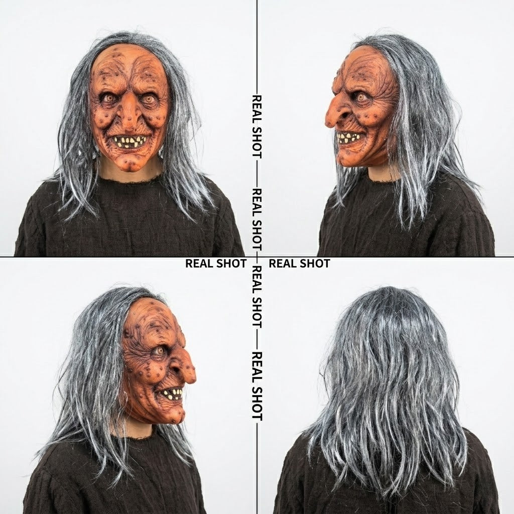 Creepy Witch Mask With Lifelike Wrinkles & Gray Hair - Halloween Scary Costume Accessory For Party/Haunted House/Cosplay
