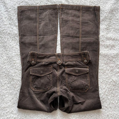 Y2K Brown Flared Jeans Womens Clothing Goth Retro Multi Pockets Low Rise Denim Trousers Harajuku Hot Girl Sexy Slim Jean Pants