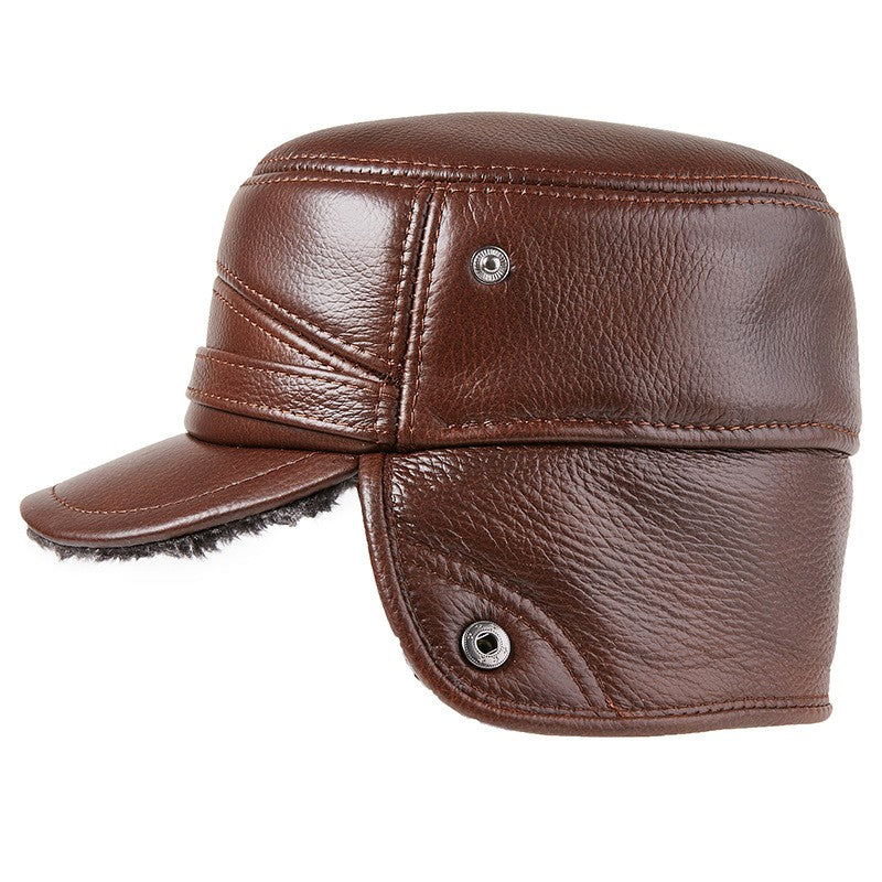 Men's Genuine Leather Duckbill Hat Winter Thickened Warm Outdoor Earflap Cotton Cap Elderly Real Leather Hat Cowhide Warm