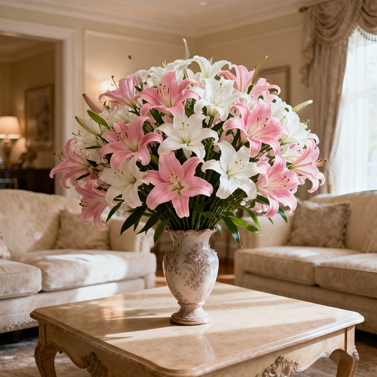 Elegant Pink Lily Flower Bouquet Realistic Artificial Flowers with Green Foliage,Perfect for Christmas, Wedding,Home Decor
