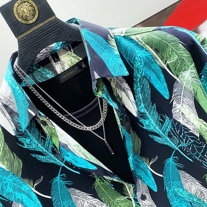 Retro Feather Print Quarter-sleeved Shirt Men's New Korean Style Slim Design Niche Mid-sleeved Floral Shirt