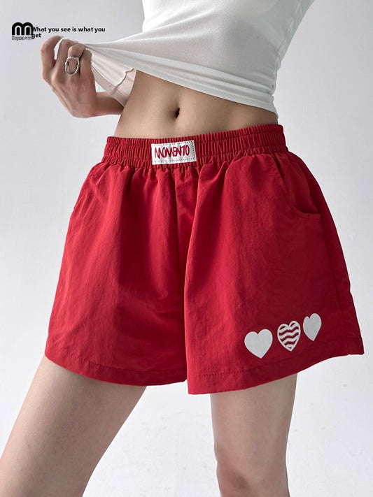 American Sle Spicy Girl ort Pants Women's Summer New Embroidered Heart Sport Yoga Slimming Tee-Quarter Length Hot Pants