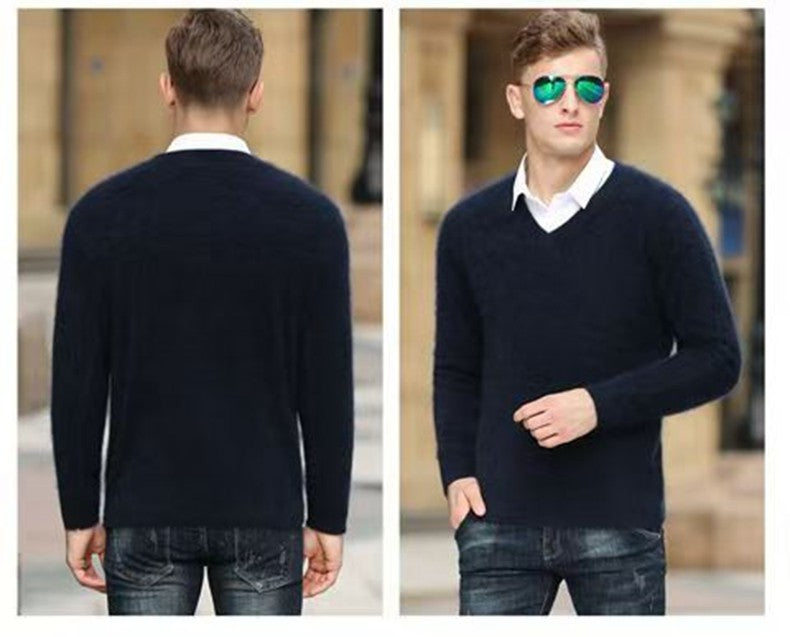 Autumn And Winter New Warm Pure Mink Cashmere Sweater Men's V-neck Pullover Thickened Plus Size Knitted Bottoming Shirt
