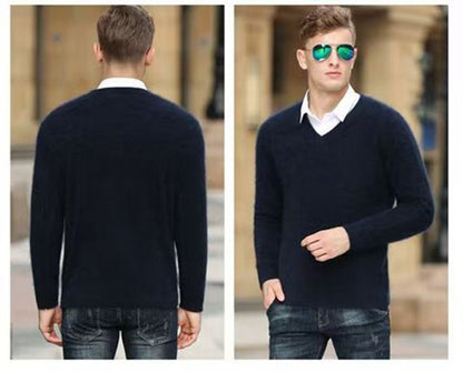 Autumn And Winter New Warm Pure Mink Cashmere Sweater Men's V-neck Pullover Thickened Plus Size Knitted Bottoming Shirt