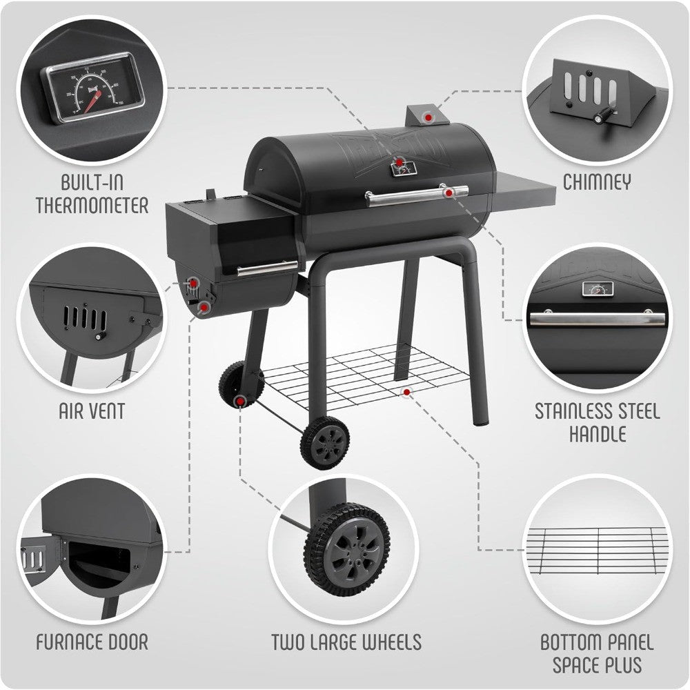 Outdoor Charcoal Grill with Cover and Offset Smoker, 832 Sq. In. Heavy-Duty BBQ Grill with Side Table for Backyard Cooking
