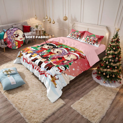 Conjunto de Colcha de Natal K-Pop Demon Hunters com Estampa Sem Lascas (3 Peças) para Quarto/Dormitório, Lavável à Máquina