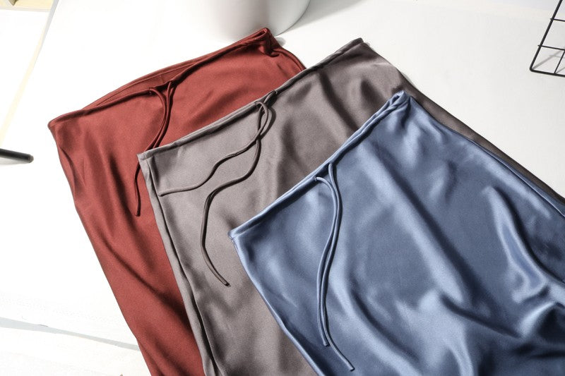 New In 2025 Spring Summer Solid Color Satin Long Skirt For Women High Waist Lace