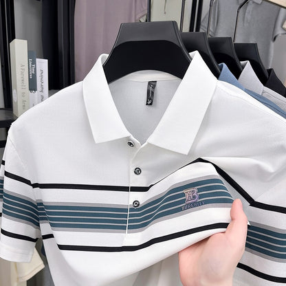 High end letter embossed short sleeve polo shirt luxury brand T-shirt fashion striped summer new ice silk breathable men's top