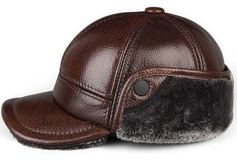 High Quality Genuine Leather Hats Winter First Layer Cowhide Warm Earmuffs Bomber Caps Plus Velvet Thicken Man Bone Caps Dad Hat