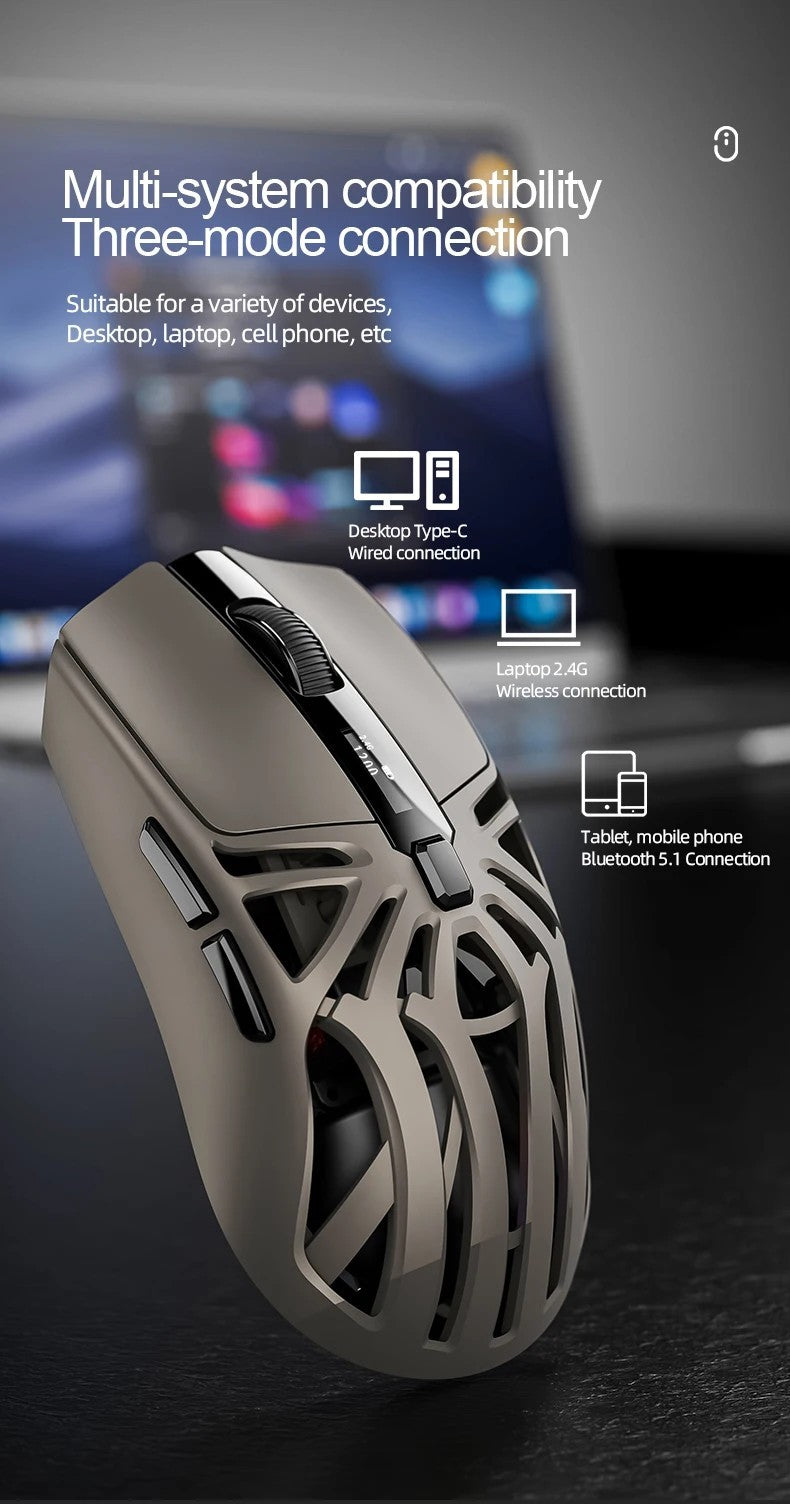 Mouse Gamer Sem Fio Ergonômico SmailWolf RS8, Tri-Modo com Design Oco Ultraleve, 1000Hz e Bateria de Longa Duração
