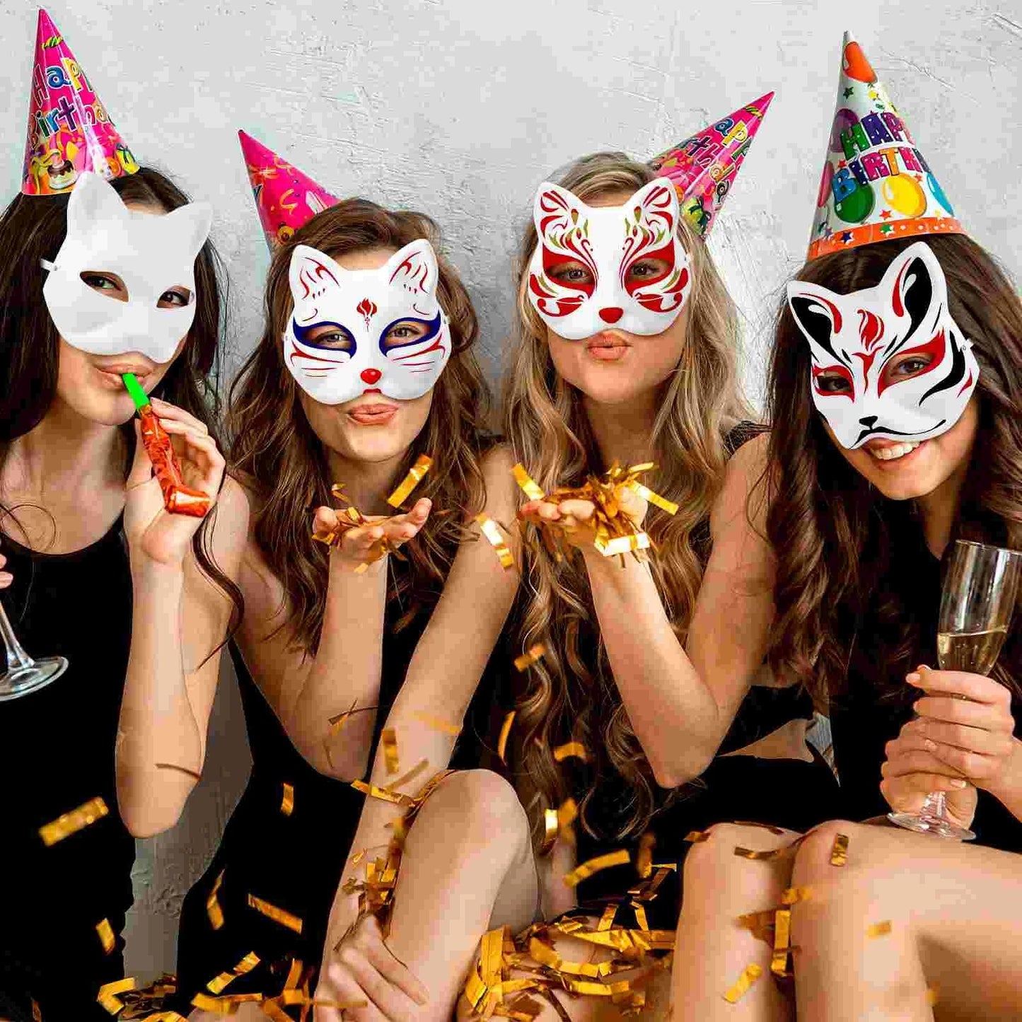 5PCS Therian Masks White Cat Masks Blank DIY Halloween Mask Animal Half Facemasks Masquerade Cosplay Party